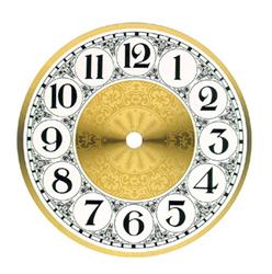 6" Clock Dial, Arabic Numerals, Fancy White & Brass Colored Spun Aluminum